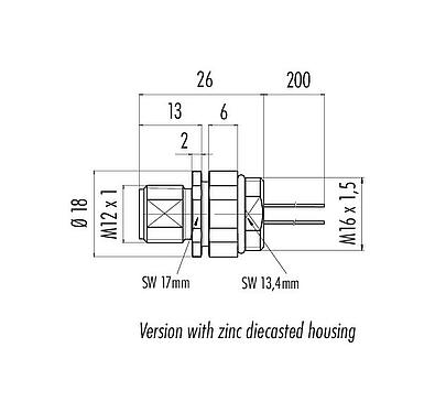 Dessin coté M12 Embase mâle, Contacts: 5, non blindé, fils, IP68, UL 2238, M16x1,5, Montage frontal, Alignement de codage positionnable