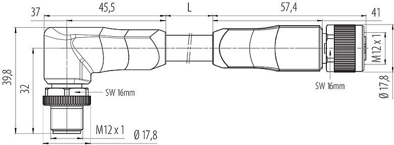Dessin coté M12 Connecteurs mâle coudé - connecteurs femelle, Contacts: 4+FE, non blindé, surmoulé sur le câble, IP68, UL 2238, M12x1,0, TC-ER, TPE, jaune, 5 x 1,50 mm², 2 m