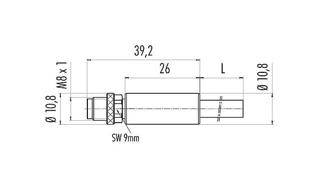 Dessin coté M8 Connecteur mâle, Contacts: 4, blindé, surmoulé sur le câble, IP67, UL 2238, PVC, gris, 4 x 0,34 mm², 5 m