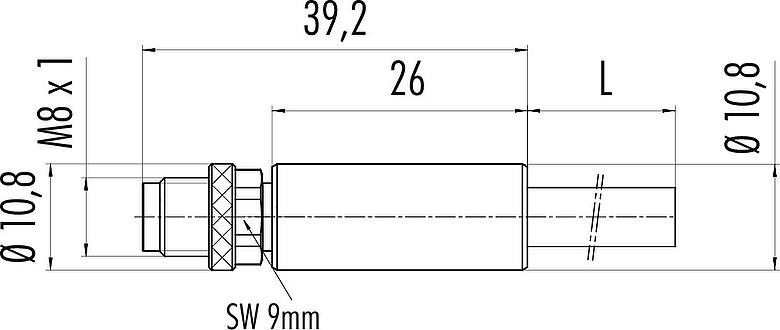 Scale drawing M8 Male cable connector, Contacts: 4, shielded, moulded on the cable, IP67, UL 2238, PUR, black, 4 x 0.34 mm², 2 m
