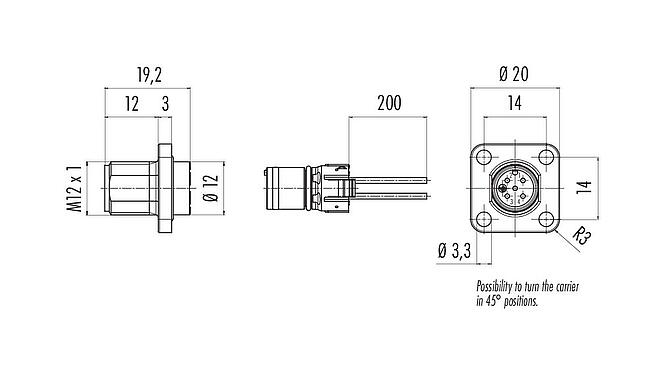 Scale drawing 99 3483 100 08 - M12 Square male panel mount connector, Contacts: 8, unshielded, single wires, IP69k, IP68, IP67, UL 2238, Square, Square housing 20 mm, Positionable coding alignment