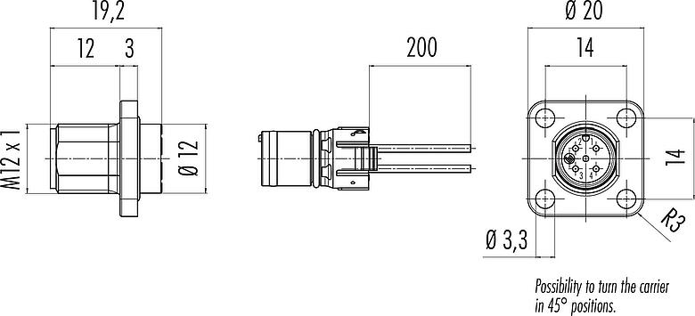 Dessin coté M12 Embase mâle, carré, Contacts: 4, non blindé, fils, IP69k, IP68, IP67, UL 2238, M3 (4x), Montage frontal, Boîtier carré 20 mm, Alignement de codage positionnable