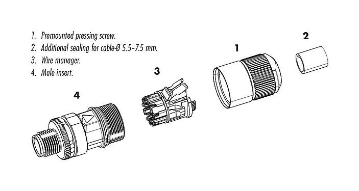Descripción del artículo 99 3787 810 08 - M12 Conector de cable macho, Número de contactos: 8, 5,5-9,0 mm, blindable, IDC, IP67