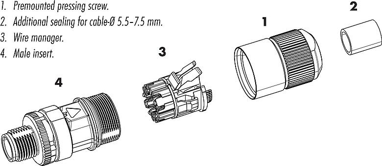 Component part drawing M12 Male cable connector, Contacts: 8, 5.5-9.0 mm, shieldable, IDC, IP67