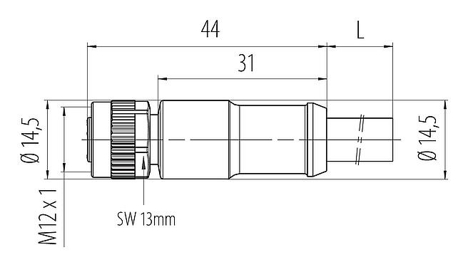 Dibujo a escala 77 0690 0000 50704-0500 - M12 Conector de cable hembra, Número de contactos: 3+PE, sin blindaje, moldeado en el cable, IP68, UL 2238, PUR, negro, 4 x 1,50 mm², 5 m