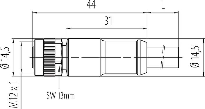 Dibujo a escala M12 Conector de cable hembra, Número de contactos: 2+PE, sin blindaje, moldeado en el cable, IP68, UL 2238, PUR, negro, 3 x 1,50 mm², 5 m