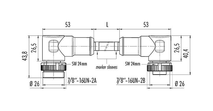 Dibujo a escala 7/8" Cable de conexión conector macho en ángulo - conector hembra en ángulo, Número de contactos: 2+PE, sin blindaje, moldeado en el cable, IP68, UL 2238, PUR, negro, 3 x 1,50 mm², 2 m