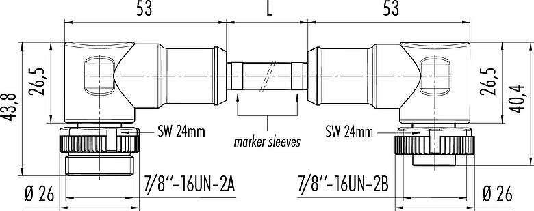 Dibujo a escala 7/8" Cable de conexión conector macho en ángulo - conector hembra en ángulo, Número de contactos: 2+PE, sin blindaje, moldeado en el cable, IP68, UL 2238, PUR, negro, 3 x 1,50 mm², 10 m