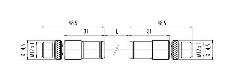 Scale drawing M12 Connecting cable 2 male cable connectors, Contacts: 8, shielded, moulded on the cable, IP67, Ethernet CAT5e, TPE, teal, 4 x 2 x AWG 24, 2 m