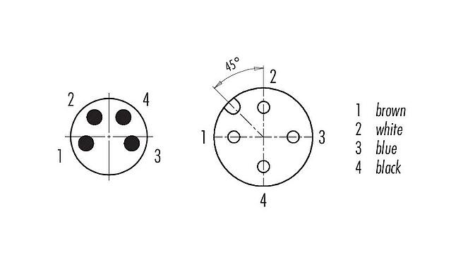 Contact arrangement (Plug-in side) M12/M8 Male cable connector - female angled connector, Contacts: 4, unshielded, moulded on the cable, IP67/IP69K, UL 2238, PLTC, TPE, black, 4 x AWG 22, 1 m
