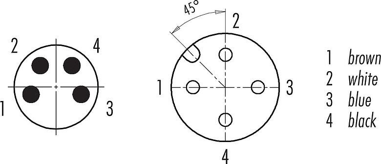 Disposition des contacts (Côté plug-in) M12/M8 Connecteur femelle - Connecteur mâle, Contacts: 4, non blindé, surmoulé sur le câble, IP67/IP69K, UL 2238, PUR, noir, 4 x 0,34 mm², 1 m