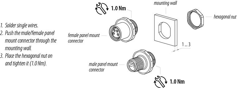 Assembly instructions M8 Female panel mount connector, Contacts: 4, solder, IP67/IP69K, M10x0.75, Front mounting, with solder cups