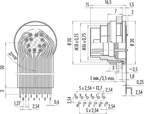 Conexión y dimensiones
M16 Enchufe de brida, Número de contactos: 12 (12-a), sin blindaje, THT, IP68, Cumple con AISG, M18x0,75, Montaje en pared