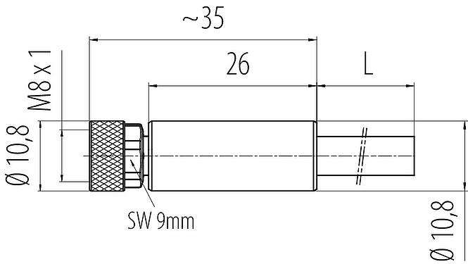 Dibujo a escala M8 Conector de cable hembra, Número de contactos: 5, blindado, moldeado en el cable, IP67/IP69K, M8x1,0, PUR, negro, 5 x 0,25 mm², 5 m