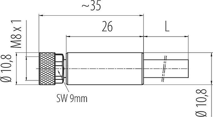 Scale drawing M8 Female cable connector, Contacts: 3, shielded, moulded on the cable, IP67/IP69K, M8x1.0, PUR, black, 3 x 0.34 mm², 2 m