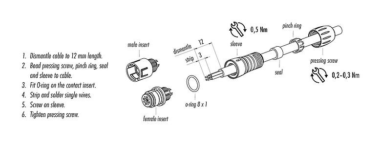 Assembly instructions Snap-In Female cable connector, Contacts: 3, 3.5-5.0 mm, unshielded, solder, IP67, UL 2238