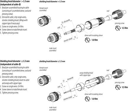 Instructions de montage M12 Connecteur femelle, Contacts: 4, 5,0-8,0 mm, blindable, pince à visser, IP67, UL 2238, ressort à iris