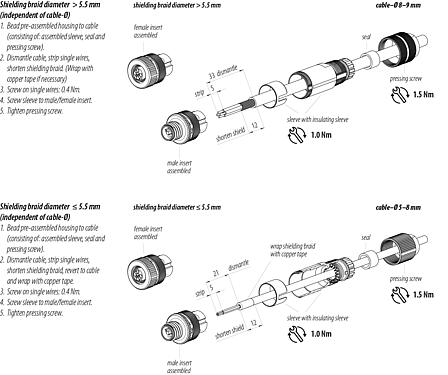 Instructions de montage M12 Connecteur mâle, Contacts: 4, 8,0-9,0 mm, blindable, pince à visser, IP67, UL 2238, ressort à iris