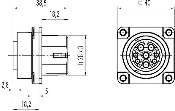 Scale drawing Bayonet Female panel mount connector, Contacts: 12, unshielded, crimping (Crimp contacts must be ordered separately), IP68/IP69K, UL 2238, VDE, Front mounting, UV resistant
