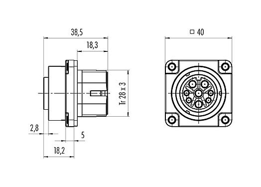 Scale drawing 09 6492 000 05 - Bayonet Female panel mount connector, Contacts: 4+PE, unshielded, crimping (Crimp contacts must be ordered separately), IP68/IP69K, UL, VDE