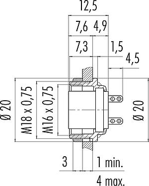 Scale drawing M16 Female panel mount connector, Contacts: 5 (05-b), unshielded, solder, IP40, M18x0,75, Rear mounting