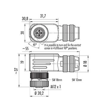 Scale drawing M12 Female angled connector, Contacts: 4, 6.0-8.0 mm, shieldable, screw clamp, IP67, UL 2238, iris spring