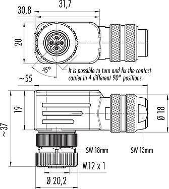 Scale drawing M12 Female angled connector, Contacts: 4, 6.0-8.0 mm, shieldable, screw clamp, IP67, UL 2238, iris spring