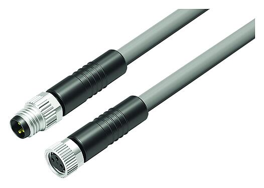 Illustration M8 Connecting cable male cable connector - female cable connector, Contacts: 3, unshielded, moulded on the cable, IP67/IP69K, UL 2238, PVC, grey, 3 x 0.34 mm², 2 m