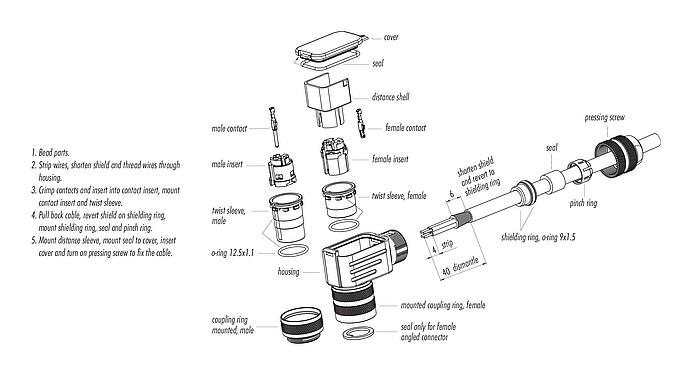 Instructions de montage M16 Connecteur femelle coudé, Contacts: 7 (07-a), 4,0-6,0 mm, blindable, sertir (Les contacts à sertir doivent être commandés séparément), IP67, UL 2238