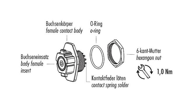 Dessin des composants Snap-In Embase femelle, Contacts: 12, non blindé, souder, IP54, Montage frontal