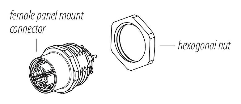 Instructions de montage M12 Embase femelle, Contacts: 8, blindable, THT, IP67, UL, M16x1,5, Montage frontal
