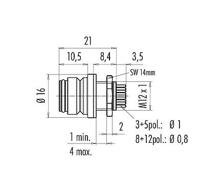 Dessin coté Snap-In Embase femelle, Contacts: 3, non blindé, THT, IP67, M12x1,0, Montage frontal