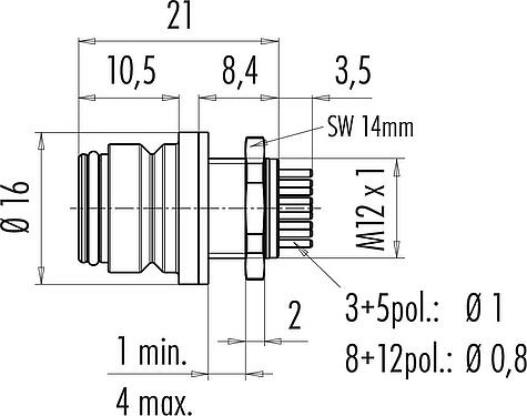Scale drawing Snap-In Female panel mount connector, Contacts: 8, unshielded, THT, IP67, VDE, M12x1.0, Front mounting