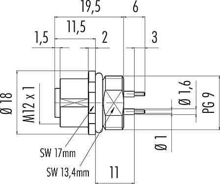 Scale drawing M12 Female panel mount connector, Contacts: 4, unshielded, THT, IP67, UL 2238, PG 9, Front mounting
