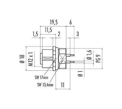 Dessin coté M12 Embase femelle, Contacts: 4, non blindé, THT, IP67, UL 2238, PG 9, Montage frontal