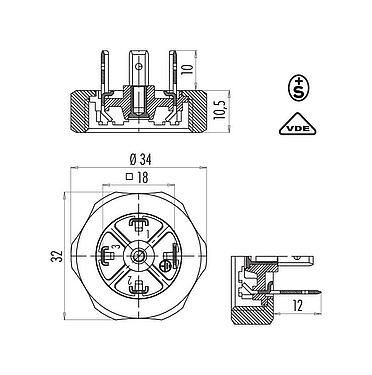 Dessin coté Embase mâle pour appareils, Contacts: 3+PE, non blindé, souder, IP40 sans joint, VDE, ESTI+, Ecrou de serrage