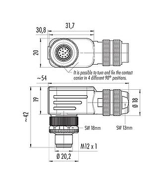 Scale drawing M12 Male angled connector, Contacts: 12, 6.0-8.0 mm, shieldable, solder, IP67, UL 2238, with shielding ring