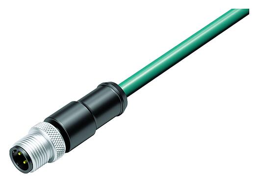 Illustration M12 Connecteur mâle, Contacts: 4, blindé, surmoulé sur le câble, IP67, Ethernet CAT5e, TPE, bleu/vert, 2 x 2 x AWG 24, 5 m