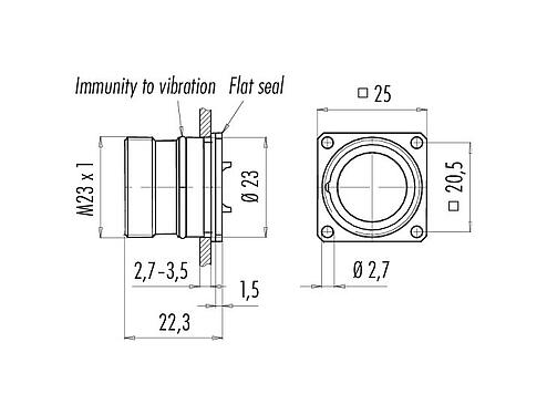 Scale drawing 99 4611 80 16 - M23 Square male panel mount connector, Contacts: 16, unshielded, solder, IP67, back mounting