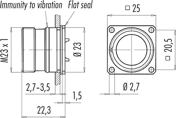 Scale drawing M23 Square male panel mount connector, Contacts: 12, unshielded, solder, IP67, M2 (4x), Rear mounting