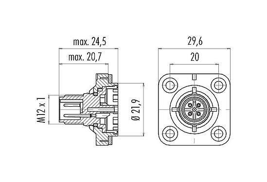 Dibujo a escala M12 Conector de montaje en panel macho cuadrado, Número de contactos: 4, sin blindaje, soldadura, IP40, M3 (4x), Montaje frontal, Alineación de codificación posicionable