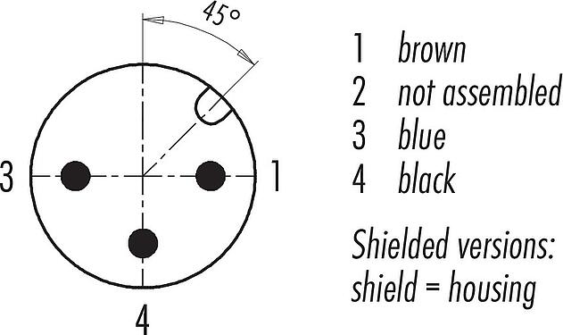 Contact arrangement (Plug-in side) M12 Male angled connector, Contacts: 3, shielded, moulded on the cable, IP67, UL 2238, PUR, black, 3 x 0.34 mm², 2 m