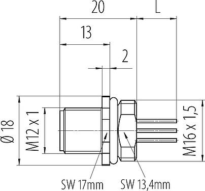Scale drawing M12 Male panel mount connector, Contacts: 12, unshielded, single wires, IP67, UL 2238, M16x1.5, Front mounting, potted