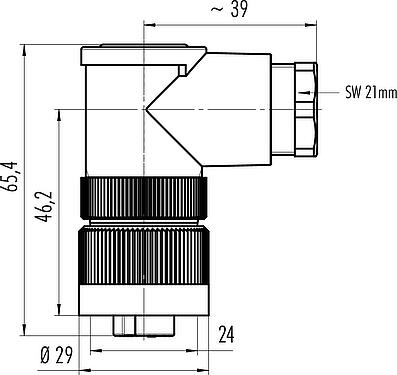 Scale drawing RD24 Female angled connector, Contacts: 6+PE, 10.0-12.0 mm, unshielded, crimping (Crimp contacts must be ordered separately), IP67, UL, ESTI+, VDE, PG 13.5