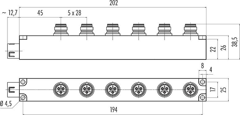 Dessin coté Snap-In Distributeur 6 voies, Contacts: 3, non blindé, enfichable, IP67