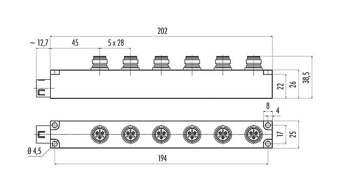 Scale drawing Snap-In 6-way distributor, Contacts: 5, unshielded, pluggable, IP67