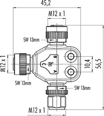 Scale drawing M12 Twin distributors, T-distributor, male connector - 2 female connector, Contacts: 4, unshielded, pluggable, IP68, UL 2238