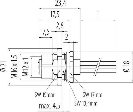 Dibujo a escala M12 Toma de brida, Número de contactos: 3, sin blindaje, hilos, IP68, UL 2238, M16x1,5, Montaje en pared, moldeado