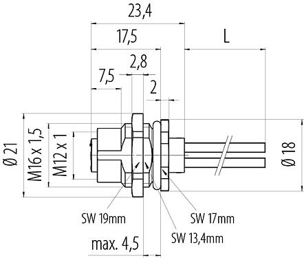 Dibujo a escala M12 Toma de brida, Número de contactos: 3, sin blindaje, hilos, IP68, UL 2238, M16x1,5, Montaje en pared, moldeado
