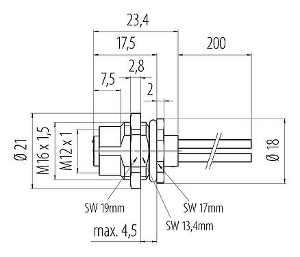 Dibujo a escala M12 Toma de brida, Número de contactos: 4, sin blindaje, hilos, IP68, UL 2238, M16x1,5, Montaje en pared, moldeado